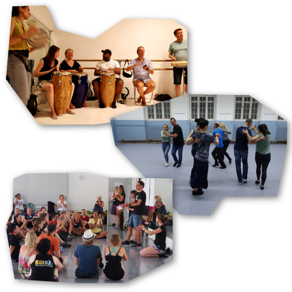 Foto collage: Percussion group, switch rueda group, Ruedx festival in berlin