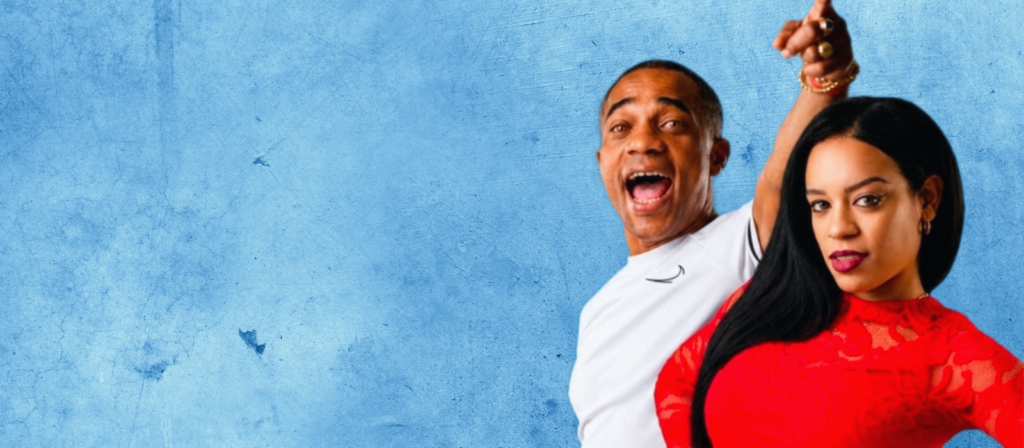 Image shows dancers couple Yohan and Yailen from Cuba on blue background